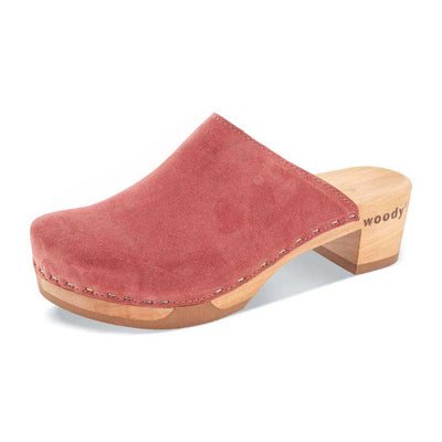 katharina, clogs damen mit biegsamer nachhaltiger holzsohle, farbe: flamingo, holzclogs woody, woody schuhe, woody shoes, handgemachte holzschuhe aus österreich, kärnten