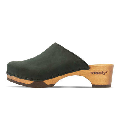 katharina, clogs damen mit biegsamer nachhaltiger holzsohle, farbe: nero-schwarz, holzclogs woody, woody schuhe, woody shoes, handgemachte holzschuhe aus österreich, kärnten