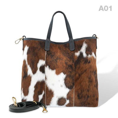 [A01] Kira - praktische Tote Bag Handtasche aus Fell Natur und Schwarzem Leder