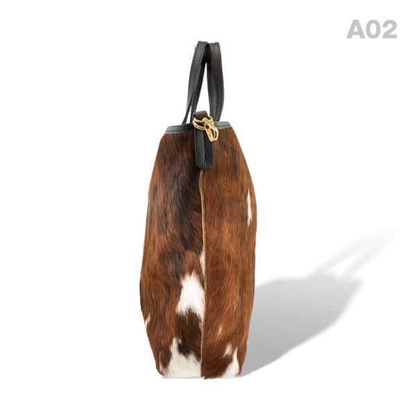 [A02] Kira - praktische Tote Bag Handtasche aus Fell Natur und Schwarzem Leder