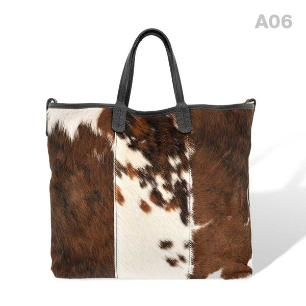 [A06] Kira - praktische Tote Bag Handtasche aus Fell Natur und Schwarzem Leder