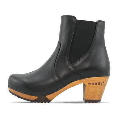 [Nero Glattleder] Lara Damen Clog Stiefelette mit biegsamer nachhaltiger Weidenholzsohle-holzclogs woody, woody schuhe, woody shoes, handgemachte holzschuhe aus österreich, kärnten, farbe: nero glattleder (schwarz)