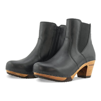 [Nero Glattleder] Lara Damen Clog Stiefelette mit biegsamer nachhaltiger Weidenholzsohle-holzclogs woody, woody schuhe, woody shoes, handgemachte holzschuhe aus österreich, kärnten, farbe: nero glattleder (schwarz)