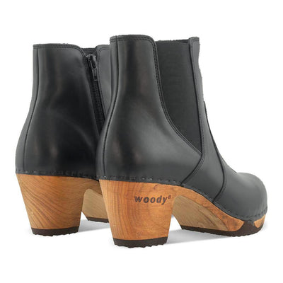 [Nero Glattleder] Lara Damen Clog Stiefelette mit biegsamer nachhaltiger Weidenholzsohle-holzclogs woody, woody schuhe, woody shoes, handgemachte holzschuhe aus österreich, kärnten, farbe: nero glattleder (schwarz)