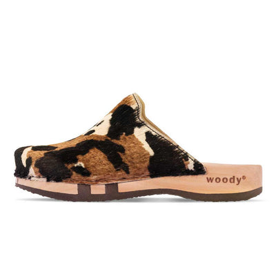 [Fell Kombi] Lea Fell, clogs damen mit biegsamer nachhaltiger holzsohle, farbe: fell kombi (kuh-print), holzclogs woody, woody schuhe, woody shoes, handgemachte holzschuhe aus österreich, kärnten