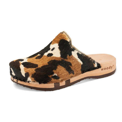 [Fell Kombi] Lea Fell, clogs damen mit biegsamer nachhaltiger holzsohle, farbe: fell kombi (kuh-print), holzclogs woody, woody schuhe, woody shoes, handgemachte holzschuhe aus österreich, kärnten