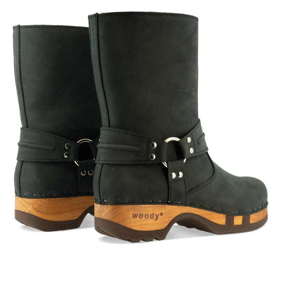 [Nero] leni, clog schlupfstiefel damen mit biegsamer nachhaltiger holzsohle, holzclogs woody, woody schuhe, woody shoes, handgemachte holzschuhe aus österreich, kärnten, farbe: nero (schwarz)