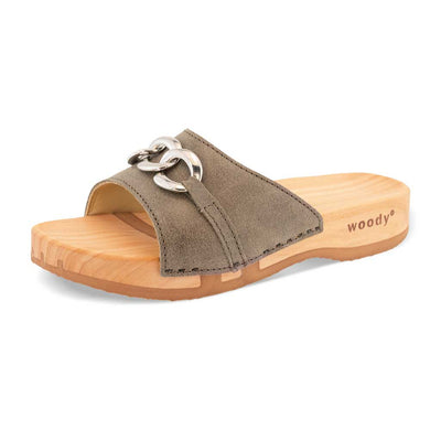 [Sand] modell-lina-farbe: sand_clogs pantoletten damen mit biegsamer nachhaltiger weidenholzsohle, holzclogs woody, woody schuhe, woody shoes, handgemachte holzschuhe aus österreich, kärnten, metal-accessoires-inchrome-optic. Damenclogs, Damen Clogs - Clogs Dame