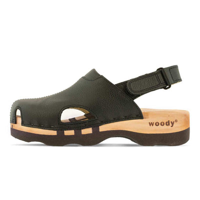 London, arbeits-clogs unisex mit fersenriemem und biegsamer nachhaltiger holzsohle, farbe: schwarz, holzclogs woody, woody schuhe, woody shoes, handgemachte holzschuhe aus österreich, kärnten