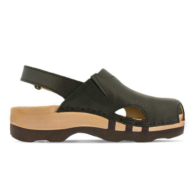 London, arbeits-clogs unisex mit fersenriemem und biegsamer nachhaltiger holzsohle, farbe: schwarz, holzclogs woody, woody schuhe, woody shoes, handgemachte holzschuhe aus österreich, kärnten