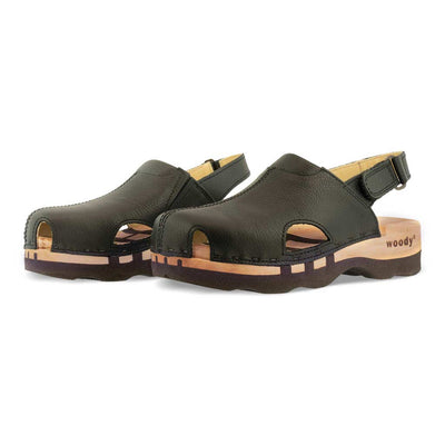 London, arbeits-clogs unisex mit fersenriemem und biegsamer nachhaltiger holzsohle, farbe: schwarz, holzclogs woody, woody schuhe, woody shoes, handgemachte holzschuhe aus österreich, kärnten