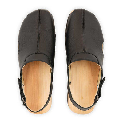 London, arbeits-clogs unisex mit fersenriemem und biegsamer nachhaltiger holzsohle, farbe: schwarz, holzclogs woody, woody schuhe, woody shoes, handgemachte holzschuhe aus österreich, kärnten