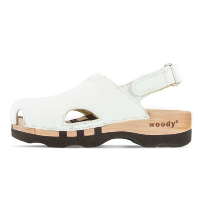 London, arbeits-clogs unisex mit fersenriemem und biegsamer nachhaltiger holzsohle, farbe: weiss, holzclogs woody, woody schuhe, woody shoes, handgemachte holzschuhe aus österreich, kärnten