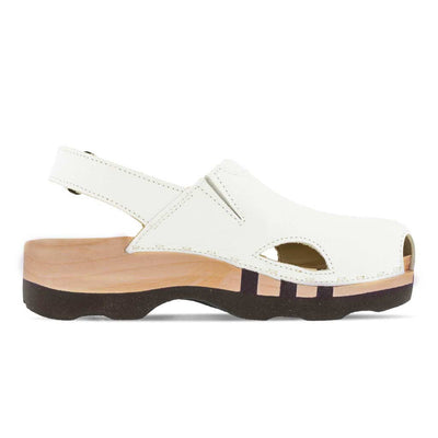 London, arbeits-clogs unisex mit fersenriemem und biegsamer nachhaltiger holzsohle, farbe: weiss, holzclogs woody, woody schuhe, woody shoes, handgemachte holzschuhe aus österreich, kärnten