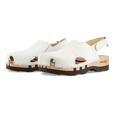 London, arbeits-clogs unisex mit fersenriemem und biegsamer nachhaltiger holzsohle, farbe: weiss, holzclogs woody, woody schuhe, woody shoes, handgemachte holzschuhe aus österreich, kärnten