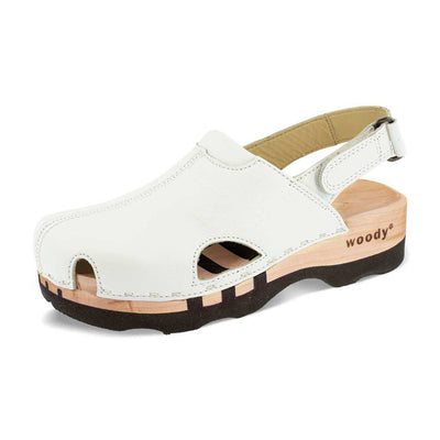 London, arbeits-clogs unisex mit fersenriemem und biegsamer nachhaltiger holzsohle, farbe: weiss, holzclogs woody, woody schuhe, woody shoes, handgemachte holzschuhe aus österreich, kärnten