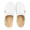 London, arbeits-clogs unisex mit fersenriemem und biegsamer nachhaltiger holzsohle, farbe: weiss, holzclogs woody, woody schuhe, woody shoes, handgemachte holzschuhe aus österreich, kärnten