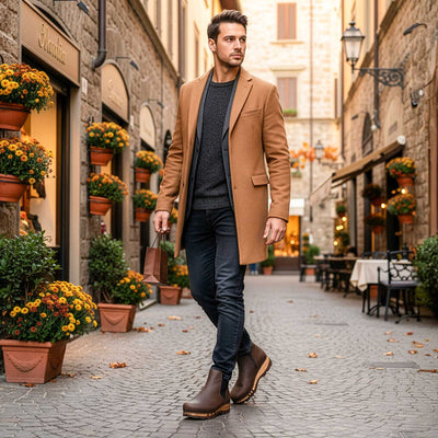 [Caffe] Louis Herren Stiefelette, Herrenclog von woody Schuhe. Clogs mit biegsamer Holzsohle und Holzfußbett. Herrenclogs, Holzclogs kaufen. Clogs online bestellen, Farbe: caffe (braun)
