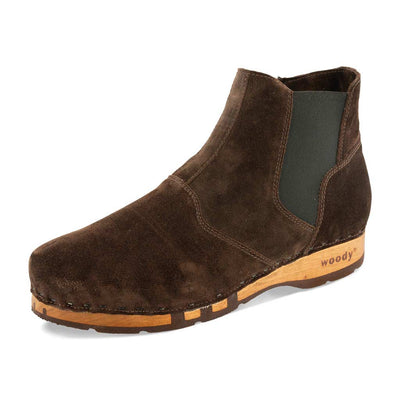 [Chocolate] Louis Herren Stiefelette, Herrenclog von woody Schuhe. Clogs mit biegsamer Holzsohle und Holzfußbett. Herrenclogs, Holzclogs kaufen. Clogs online bestellen, Farbe: chocolate (braun)