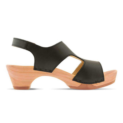 [Schwarz] Lucia mittelhohe Damen Clog Sandalette mit biegsamer nachhaltiger holzsohle, farbe: schwarz, holzclogs woody, woody schuhe, woody shoes, handgemachte holzschuhe aus österreich, kärnten