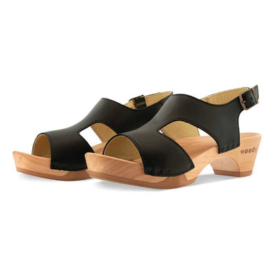 [Schwarz] Lucia mittelhohe Damen Clog Sandalette mit biegsamer nachhaltiger holzsohle, farbe: schwarz, holzclogs woody, woody schuhe, woody shoes, handgemachte holzschuhe aus österreich, kärnten