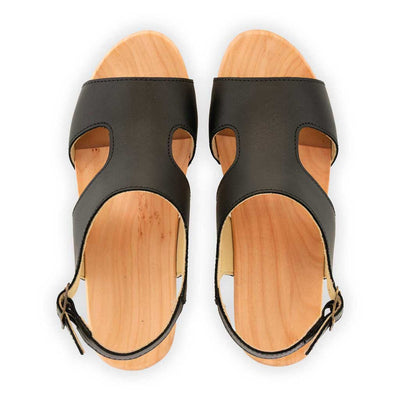 [Schwarz] Lucia Damen Clog Sandalette, farbe: schwarz, clog sandalette damen mit biegsamer nachhaltiger weidenholzsohle, holzclogs woody, woody schuhe, woody shoes, handgemachte holzschuhe aus österreich, kärnten