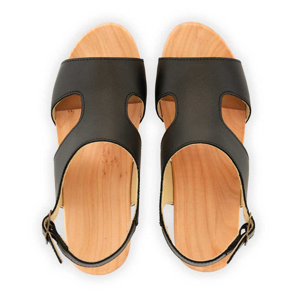 [Schwarz] Lucia Damen Clog Sandalette, farbe: schwarz, clog sandalette damen mit biegsamer nachhaltiger weidenholzsohle, holzclogs woody, woody schuhe, woody shoes, handgemachte holzschuhe aus österreich, kärnten