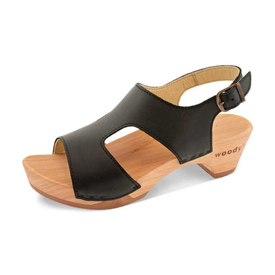 [Schwarz] Lucia Damen Clog Sandalette, farbe: schwarz, clog sandalette damen mit biegsamer nachhaltiger weidenholzsohle, holzclogs woody, woody schuhe, woody shoes, handgemachte holzschuhe aus österreich, kärnten