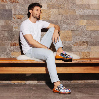 [Sex & Rock'n'Roll] lukas, clogs herren mit biegsamer nachhaltiger holzsohle, der bestseller, farbe: sex & rock'n'roll (multicolor), holzclogs woody, woody schuhe, woody shoes, handgemachte holzschuhe aus österreich, kärnten