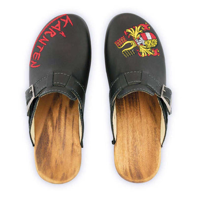 manu kärnten, clogs damen mit stick und biegsamer nachhaltiger holzsohle, der bestseller, farbe: schwarz, holzclogs woody, woody schuhe, woody shoes, handgemachte holzschuhe aus österreich, kärnten