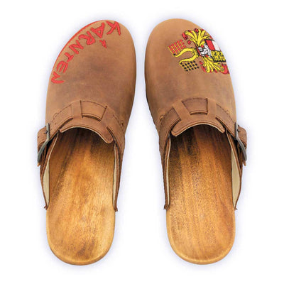 manu kärnten, clogs damen mit stick und biegsamer nachhaltiger holzsohle, der bestseller, farbe: tabacco-braun, holzclogs woody, woody schuhe, woody shoes, handgemachte holzschuhe aus österreich, kärnten