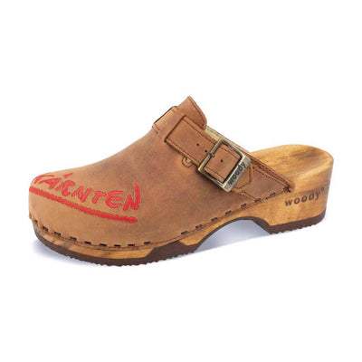 manu kärnten, clogs damen mit stick und biegsamer nachhaltiger holzsohle, der bestseller, farbe: tabacco-braun, holzclogs woody, woody schuhe, woody shoes, handgemachte holzschuhe aus österreich, kärnten