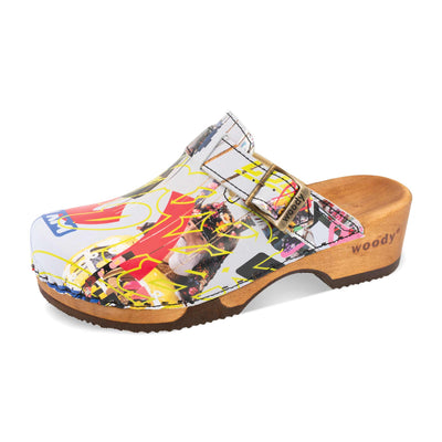 manu, clogs damen mit biegsamer nachhaltiger holzsohle, der bestseller, farbe: kaiser franz joseph (multicolor), holzclogs woody, woody schuhe, woody shoes, handgemachte holzschuhe aus österreich, kärnten