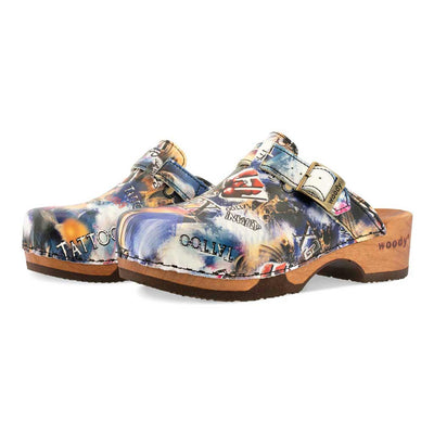 manu, clogs damen mit biegsamer nachhaltiger holzsohle, der bestseller, farbe: sex & rock'n'roll (multicolor), holzclogs woody, woody schuhe, woody shoes, handgemachte holzschuhe aus österreich, kärnten
