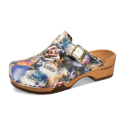 manu, clogs damen mit biegsamer nachhaltiger holzsohle, der bestseller, farbe: sex & rock'n'roll (multicolor), holzclogs woody, woody schuhe, woody shoes, handgemachte holzschuhe aus österreich, kärnten