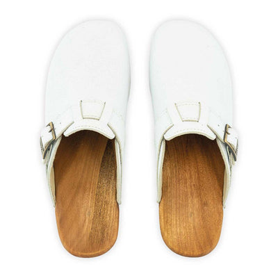 manu, clogs damen mit biegsamer nachhaltiger holzsohle, der bestseller, farbe: weiss, holzclogs woody, woody schuhe, woody shoes, handgemachte holzschuhe aus österreich, kärnten
