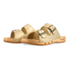 maxima, pantoletten clogs damen mit biegsamer nachhaltiger holzsohle, der bestseller, farbe: gold, holzclogs woody, woody schuhe, woody shoes, handgemachte holzschuhe aus österreich, kärnten