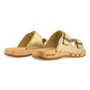 maxima, pantoletten clogs damen mit biegsamer nachhaltiger holzsohle, der bestseller, farbe: gold, holzclogs woody, woody schuhe, woody shoes, handgemachte holzschuhe aus österreich, kärnten