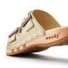 maxima, pantoletten clogs damen mit biegsamer nachhaltiger holzsohle, der bestseller, farbe: gold, holzclogs woody, woody schuhe, woody shoes, handgemachte holzschuhe aus österreich, kärnten