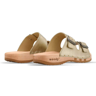 maxima, pantoletten clogs damen mit biegsamer nachhaltiger holzsohle, der bestseller, farbe: gold, holzclogs woody, woody schuhe, woody shoes, handgemachte holzschuhe aus österreich, kärnten