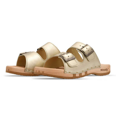 maxima, pantoletten clogs damen mit biegsamer nachhaltiger holzsohle, der bestseller, farbe: gold, holzclogs woody, woody schuhe, woody shoes, handgemachte holzschuhe aus österreich, kärnten