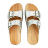 maxima, pantoletten clogs damen mit biegsamer nachhaltiger holzsohle, der bestseller, farbe: silber, holzclogs woody, woody schuhe, woody shoes, handgemachte holzschuhe aus österreich, kärnten