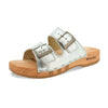 maxima, pantoletten clogs damen mit biegsamer nachhaltiger holzsohle, der bestseller, farbe: silber, holzclogs woody, woody schuhe, woody shoes, handgemachte holzschuhe aus österreich, kärnten
