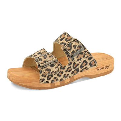 maxima, pantoletten clogs damen mit biegsamer nachhaltiger holzsohle, der bestseller, farbe: wildcat (animal print), holzclogs woody, woody schuhe, woody shoes, handgemachte holzschuhe aus österreich, kärnten