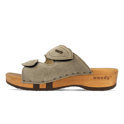 melanie, pantoletten clogs damen mit biegsamer nachhaltiger holzsohle, der bestseller, farbe: sand-warm_grey, holzclogs woody, woody schuhe, woody shoes, handgemachte holzschuhe aus österreich, kärnten