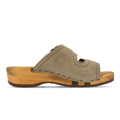 melanie, pantoletten clogs damen mit biegsamer nachhaltiger holzsohle, der bestseller, farbe: sand-warm_grey, holzclogs woody, woody schuhe, woody shoes, handgemachte holzschuhe aus österreich, kärnten