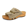 melanie, pantoletten clogs damen mit biegsamer nachhaltiger holzsohle, der bestseller, farbe: sand-warm_grey, holzclogs woody, woody schuhe, woody shoes, handgemachte holzschuhe aus österreich, kärnten