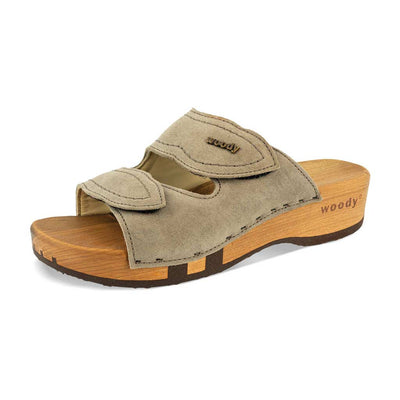 melanie, pantoletten clogs damen mit biegsamer nachhaltiger holzsohle, der bestseller, farbe: sand-warm_grey, holzclogs woody, woody schuhe, woody shoes, handgemachte holzschuhe aus österreich, kärnten