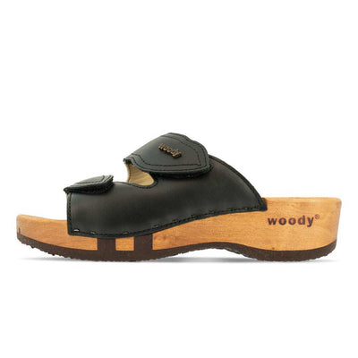 melanie, pantoletten clogs damen mit biegsamer nachhaltiger holzsohle, der bestseller, farbe: schwarz, holzclogs woody, woody schuhe, woody shoes, handgemachte holzschuhe aus österreich, kärnten