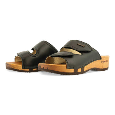 melanie, pantoletten clogs damen mit biegsamer nachhaltiger holzsohle, der bestseller, farbe: schwarz, holzclogs woody, woody schuhe, woody shoes, handgemachte holzschuhe aus österreich, kärnten
